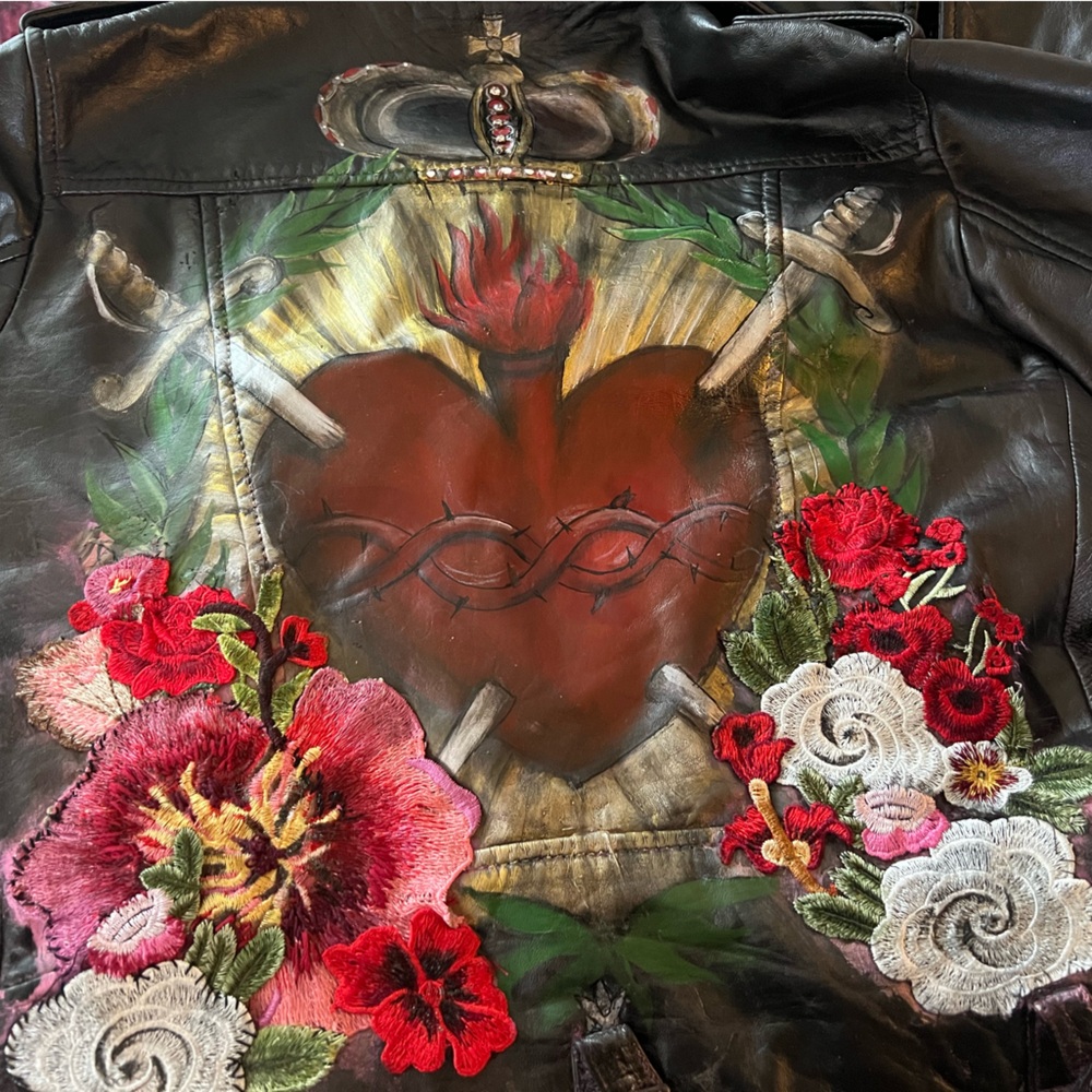 Iconic Sacred Heart Painted Leather Jacket L - Picture 13 of 16